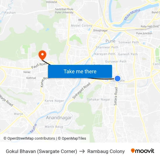 Gokul Bhavan (Swargate Corner) to Rambaug Colony map