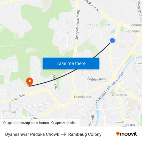 Dyaneshwar Paduka Chowk to Rambaug Colony map