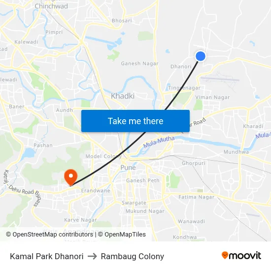 Kamal Park Dhanori to Rambaug Colony map