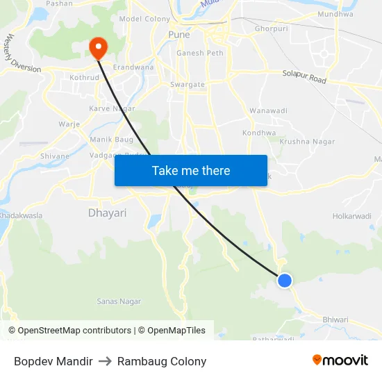 Bopdev Mandir to Rambaug Colony map