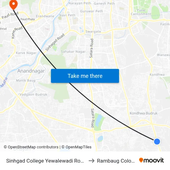 Sinhgad College Yewalewadi Road to Rambaug Colony map