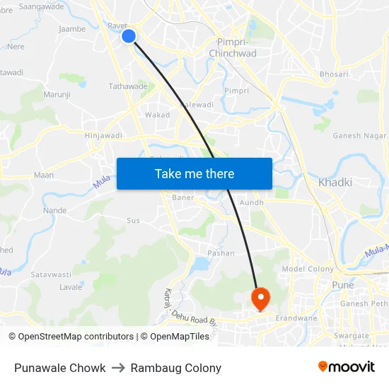 Punawale Chowk to Rambaug Colony map