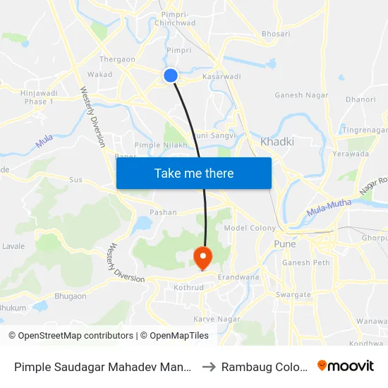 Pimple Saudagar Mahadev Mandir to Rambaug Colony map