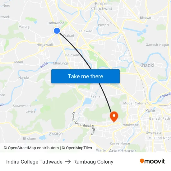 Indira College Tathwade to Rambaug Colony map