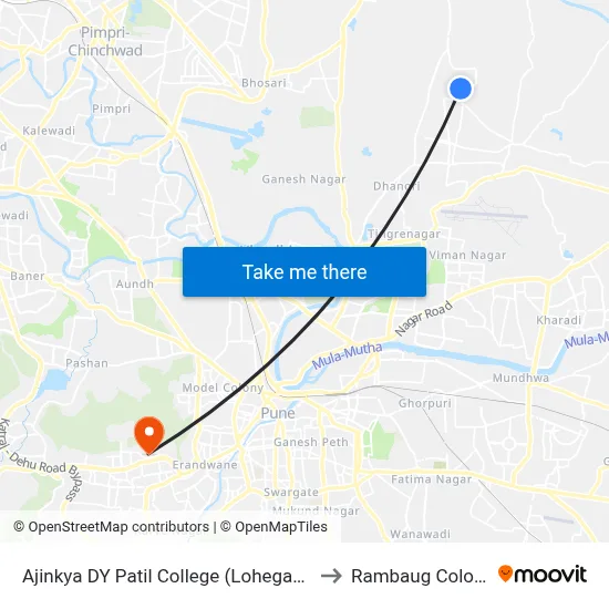 Ajinkya DY Patil College (Lohegaon) to Rambaug Colony map