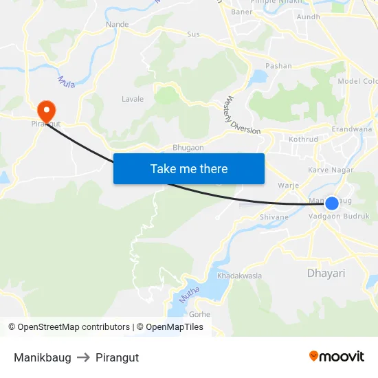 Manikbaug to Pirangut map