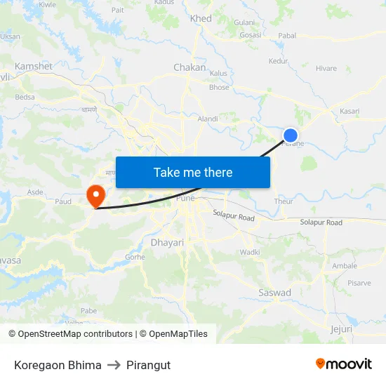 Koregaon Bhima to Pirangut map