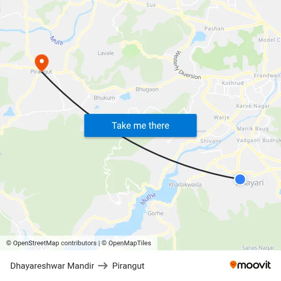 Dhayareshwar Mandir to Pirangut map