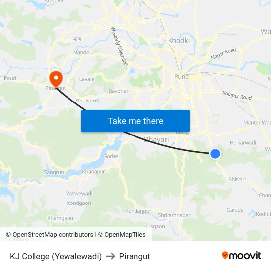 KJ College (Yewalewadi) to Pirangut map