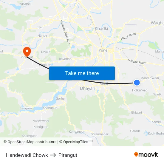 Handewadi Chowk to Pirangut map
