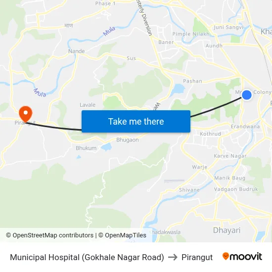 Municipal Hospital (Gokhale Nagar Road) to Pirangut map