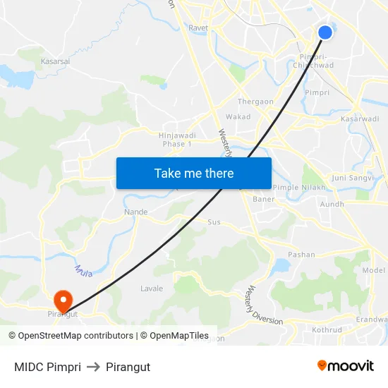 MIDC Pimpri to Pirangut map