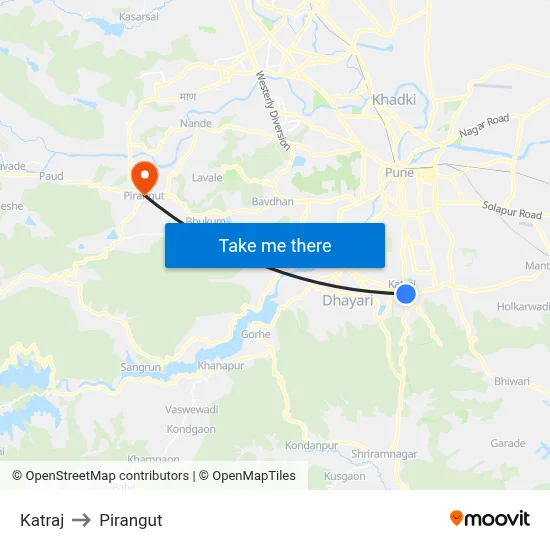 Katraj to Pirangut map