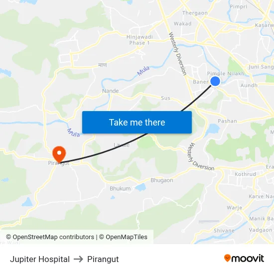 Jupiter Hospital to Pirangut map
