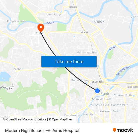 Modern High School to Aims Hospital map