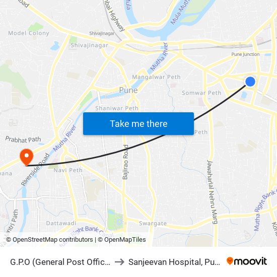 G.P.O (General Post Office) to Sanjeevan Hospital, Pune map