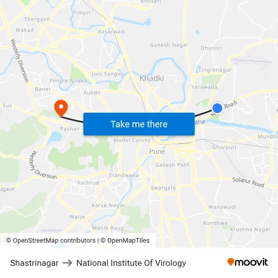 Shastrinagar to National Institute Of Virology map