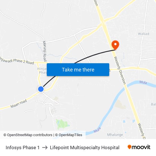 Infosys Phase 1 to Lifepoint Multispecialty Hospital map