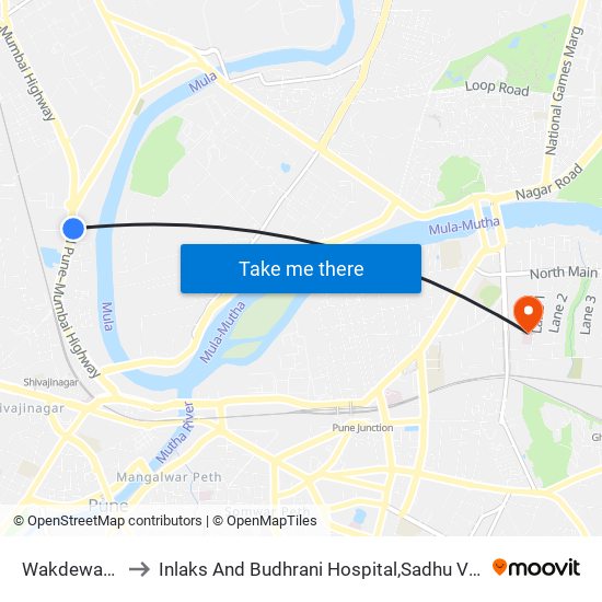 Wakdewadi S.T Stand to Inlaks And Budhrani Hospital,Sadhu Vaswani Mission's Medical Complex map