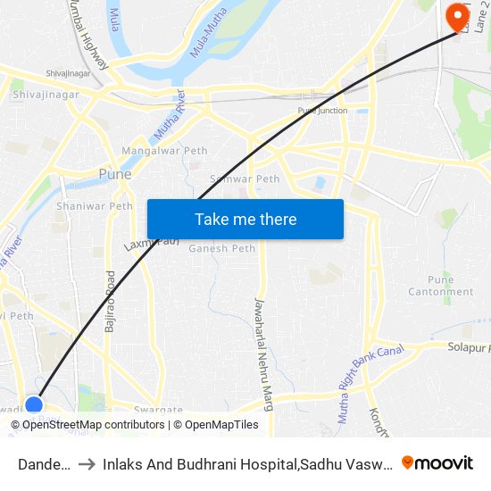 Dandekar Pul to Inlaks And Budhrani Hospital,Sadhu Vaswani Mission's Medical Complex map