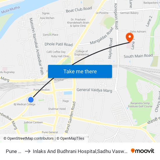 Pune Station to Inlaks And Budhrani Hospital,Sadhu Vaswani Mission's Medical Complex map
