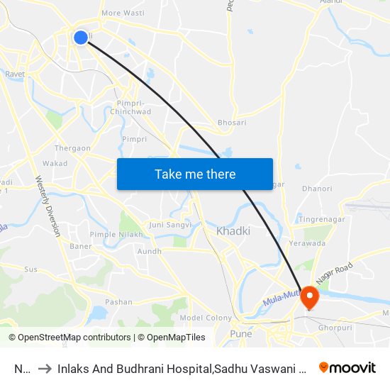 Nigdi to Inlaks And Budhrani Hospital,Sadhu Vaswani Mission's Medical Complex map