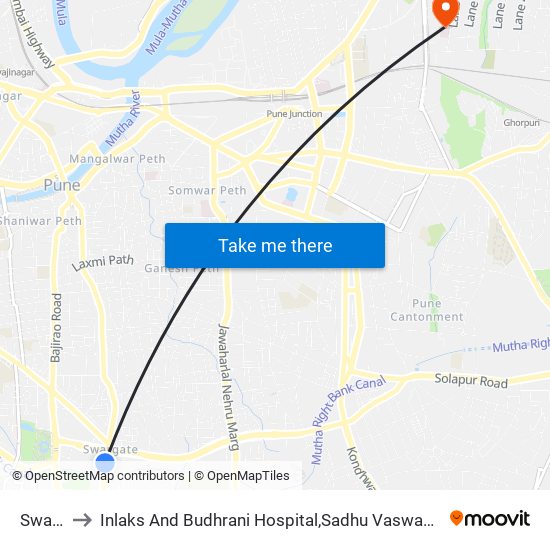 Swargate to Inlaks And Budhrani Hospital,Sadhu Vaswani Mission's Medical Complex map