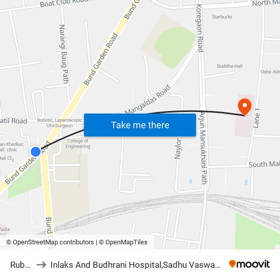 Ruby Hall to Inlaks And Budhrani Hospital,Sadhu Vaswani Mission's Medical Complex map