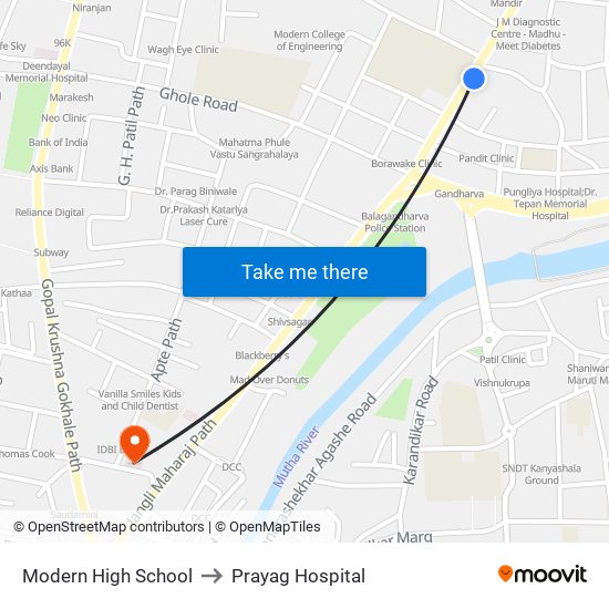 Modern High School to Prayag Hospital map