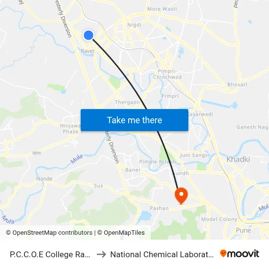 P.C.C.O.E College Ravet to National Chemical Laboratory map