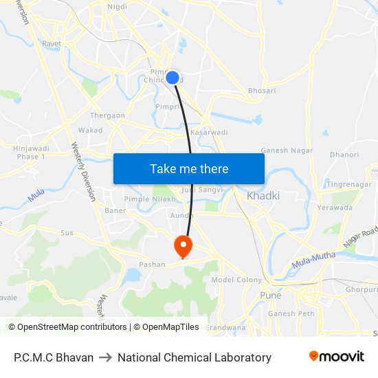 PCMC Bhavan to National Chemical Laboratory map