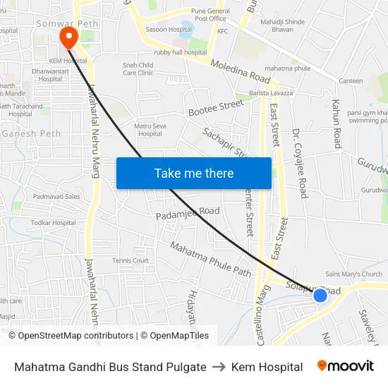 Mahatma Gandhi Bus Stand Pulgate to Kem Hospital map