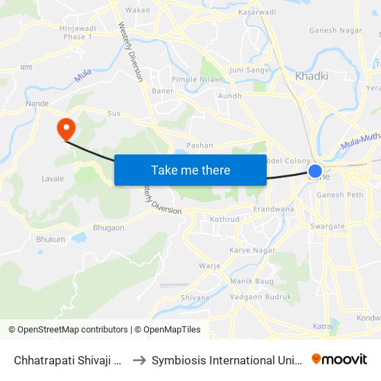 Chhatrapati Shivaji Maharaj Putla to Symbiosis International University (Hill-Base) map