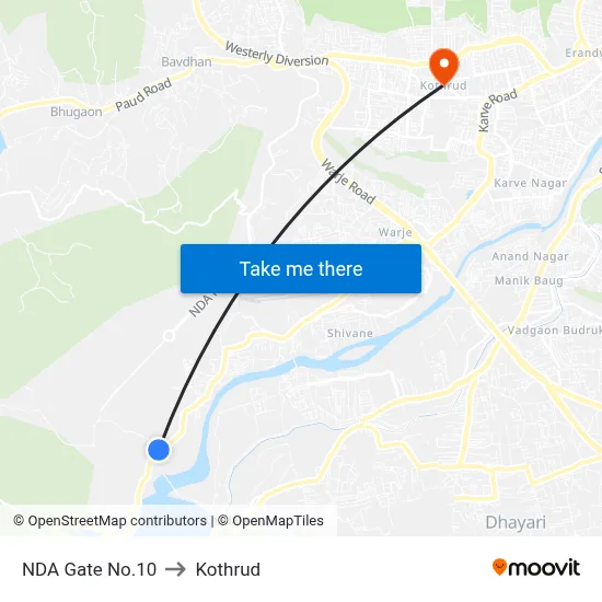 NDA Gate No.10 to Kothrud map