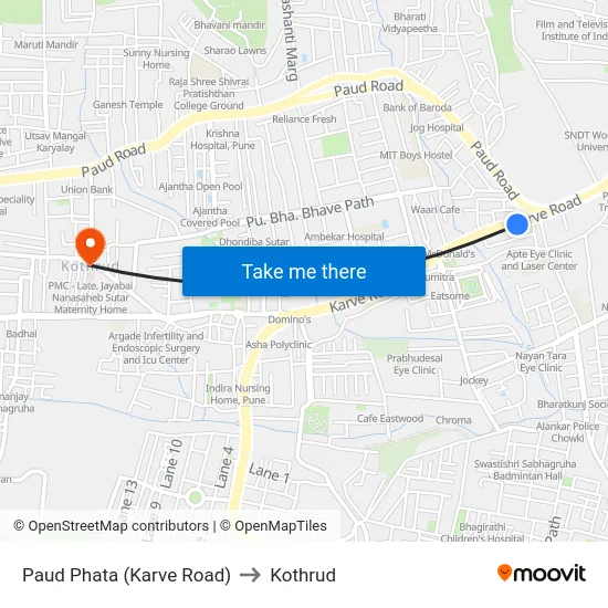 Paud Phata (Karve Road) to Kothrud map