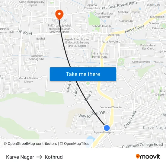 Karve Nagar to Kothrud map