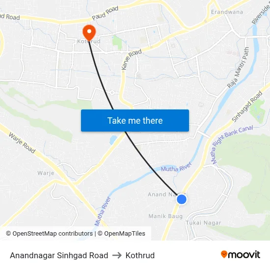 Anandnagar Sinhgad Road to Kothrud map