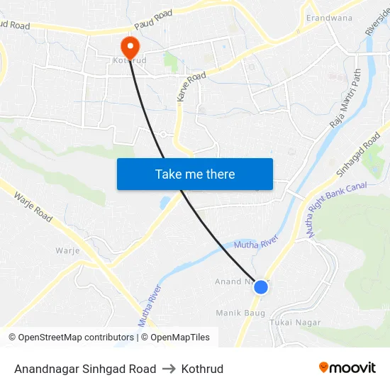 Anandnagar Sinhgad Road to Kothrud map