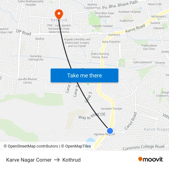 Karve Nagar Corner to Kothrud map