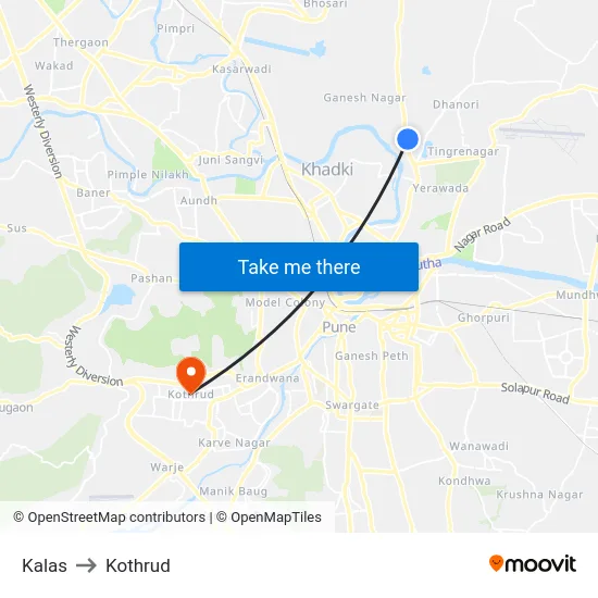 Kalas to Kothrud map