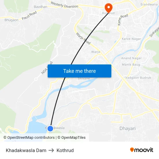 Khadakwasla Dam to Kothrud map