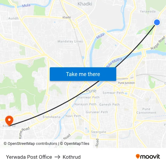 Yerwada Post Office to Kothrud map