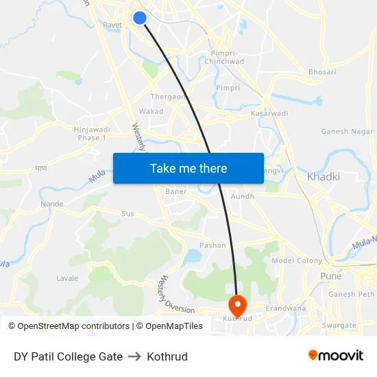 DY Patil College Gate to Kothrud map