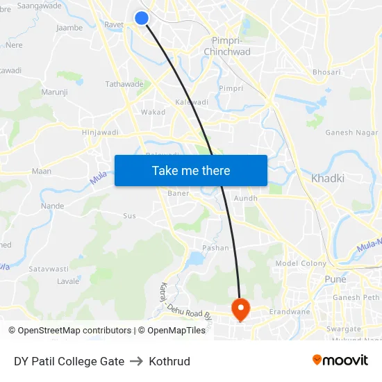 DY Patil College Gate to Kothrud map