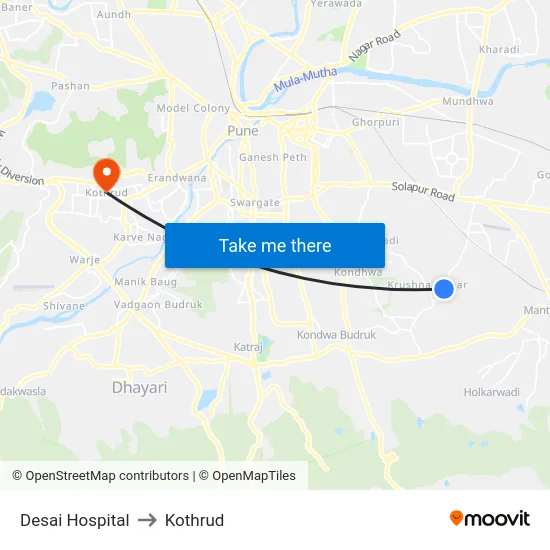 Desai Hospital to Kothrud map