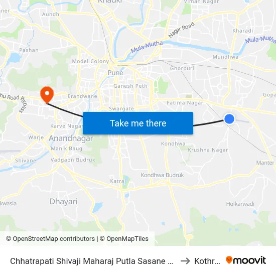 Chhatrapati Shivaji Maharaj Putla Sasane Nagar to Kothrud map