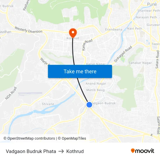 Vadgaon Budruk Phata to Kothrud map