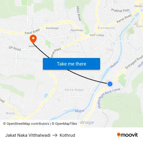 Jakat Naka Vitthalwadi to Kothrud map