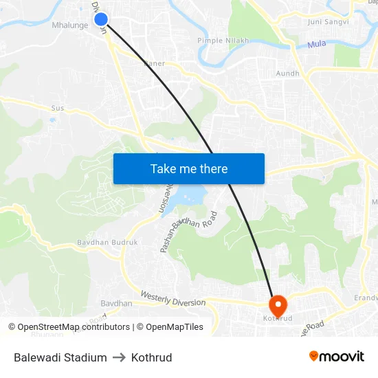 Balewadi Stadium to Kothrud map