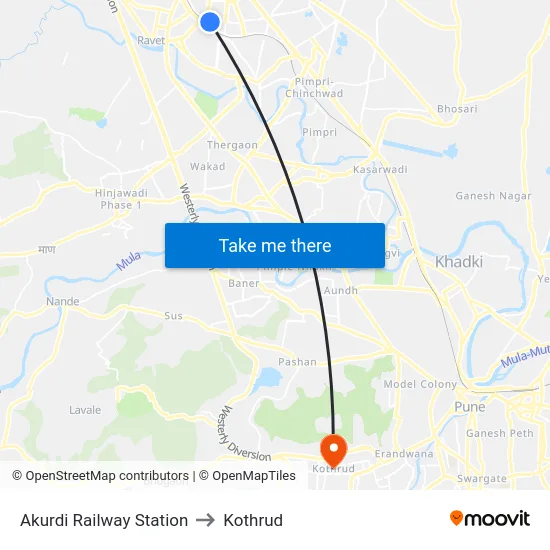 Akurdi Railway Station to Kothrud map